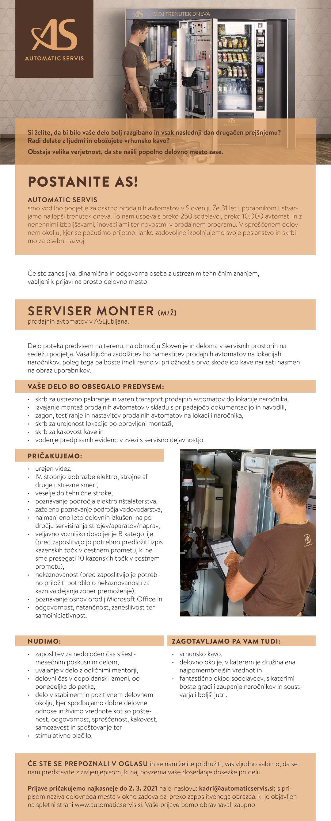 Serviser monter (m/ž) prodajnih avtomatov v AS Ljubljana