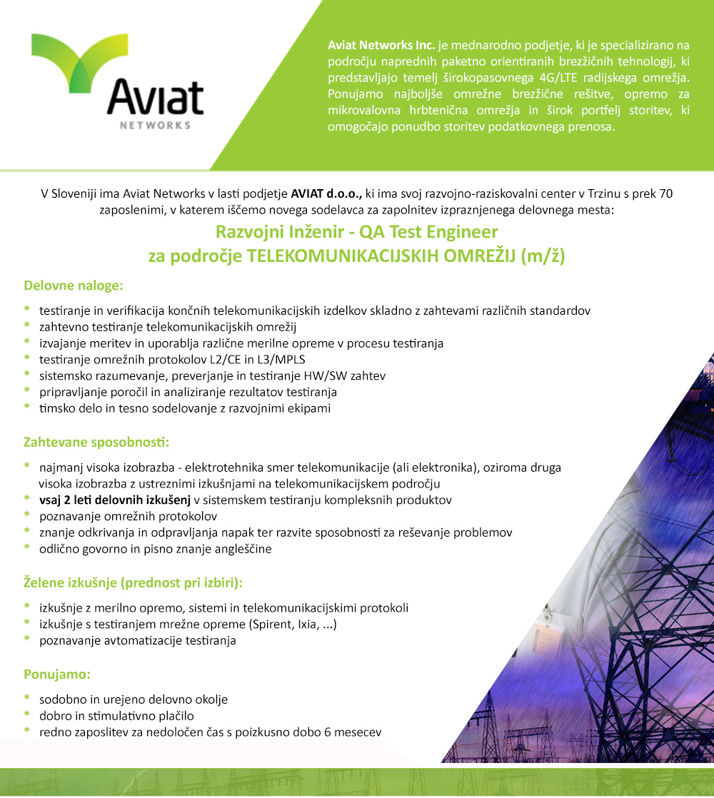 Razvojni Inženir - QA Test Engineer za področje telekomunikacijskih omrežij (m/ž)