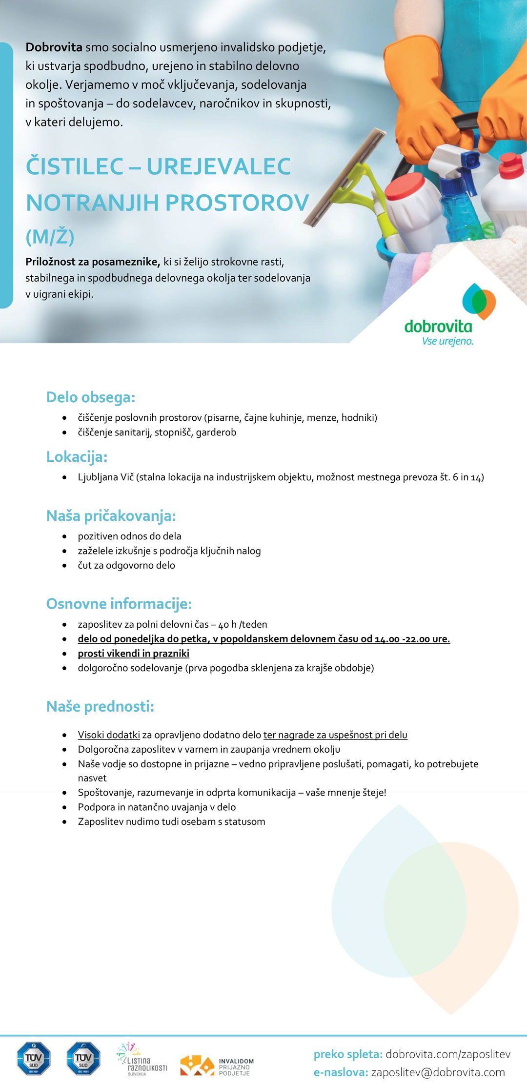 Čistilec - urejevalec notranjih prostorov (m/ž) Ljubljana