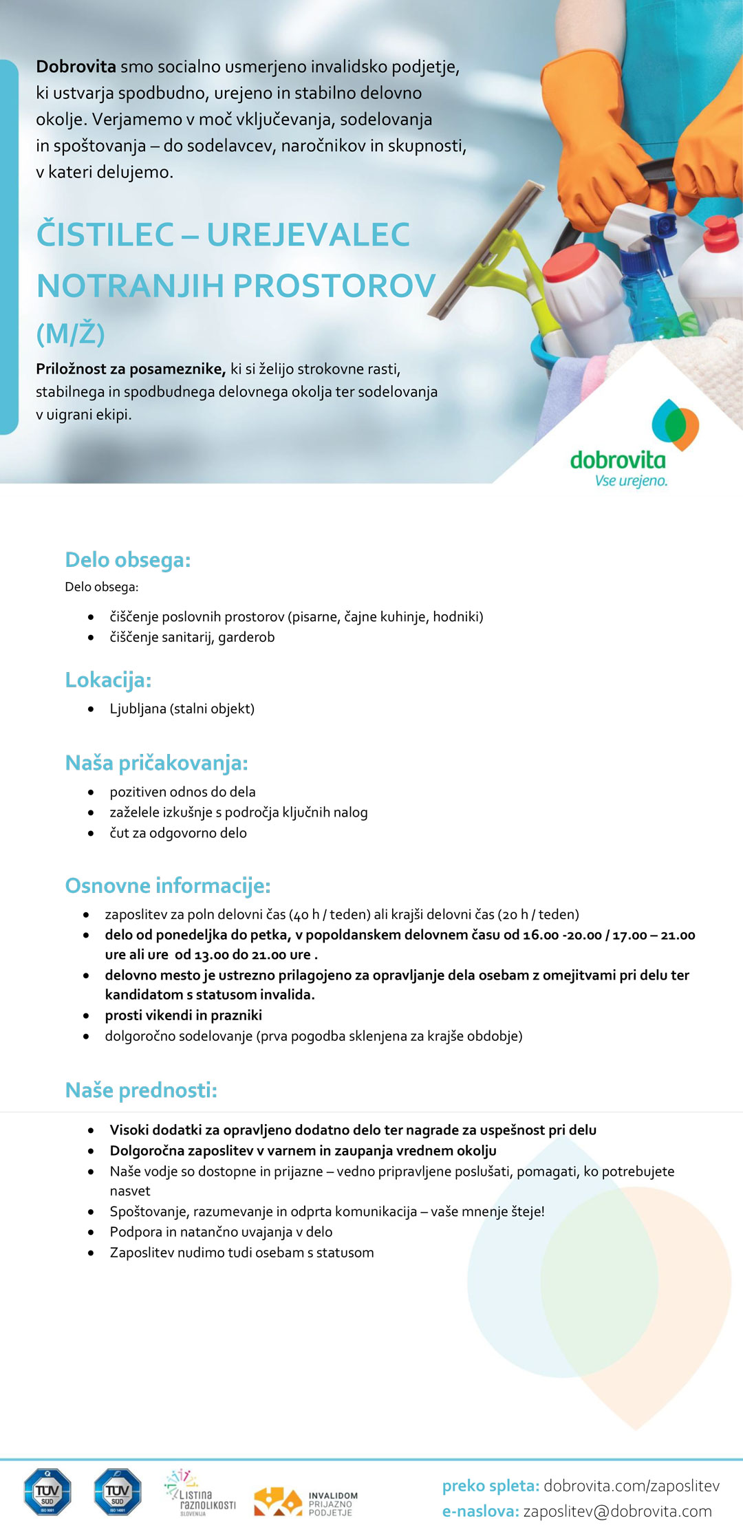 Čistilec - urejevalec notranjih prostorov (m/ž) Ljubljana