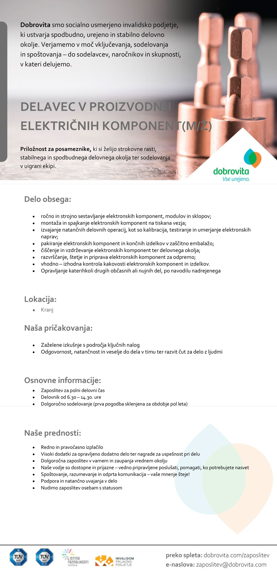 Delavec v proizvodnji električnih komponent (m/ž) - Kranj