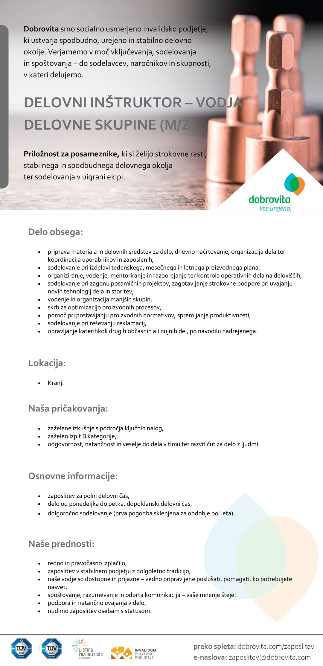 Delovni inštruktor - Vodja delovne skupine (m/ž)