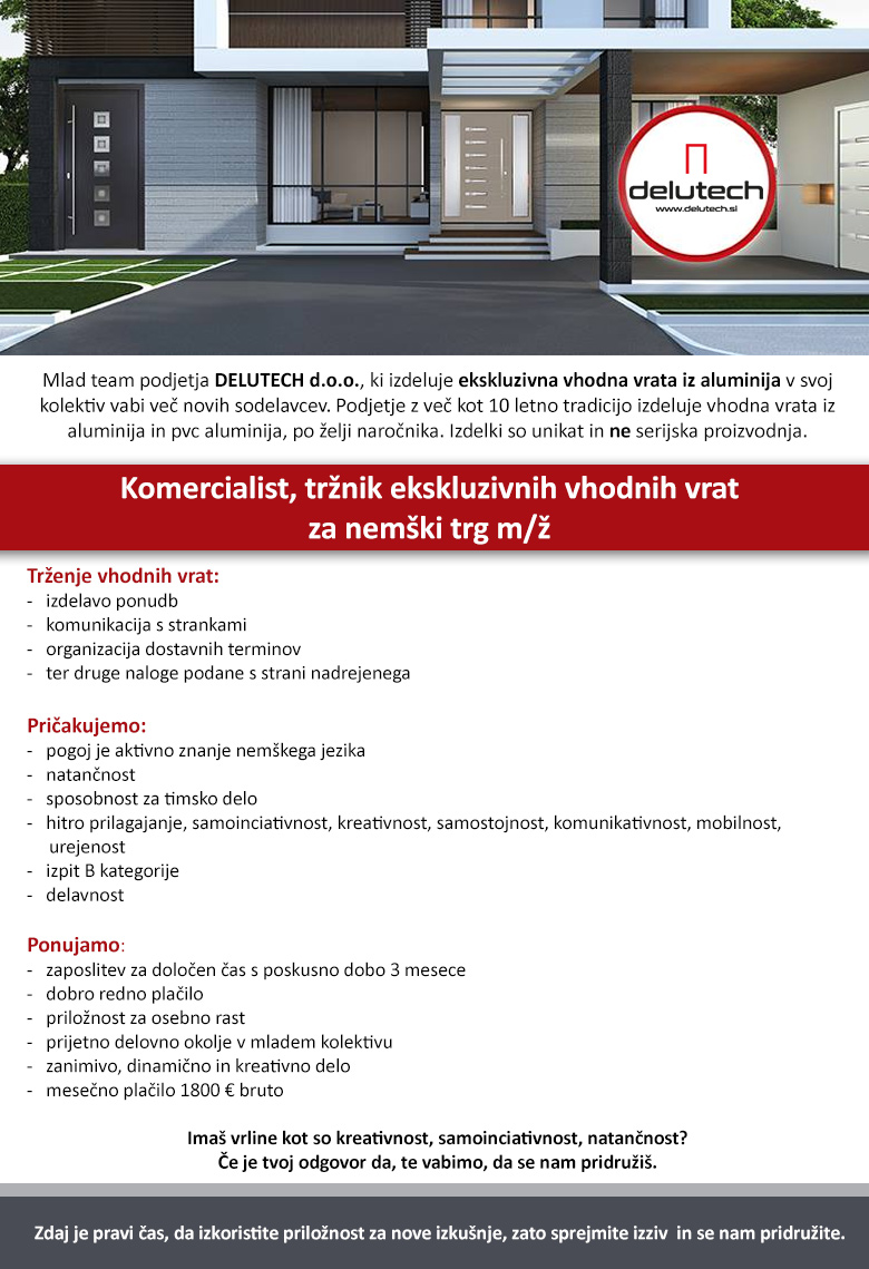Komercialist, tržnik ekskluzivnih vhodnih vrat za nemški trg m/ž