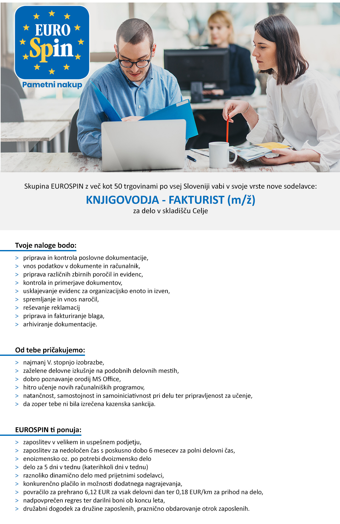 Knjigovodja - Fakturist (m/ž) za delo v skladišču v Celju