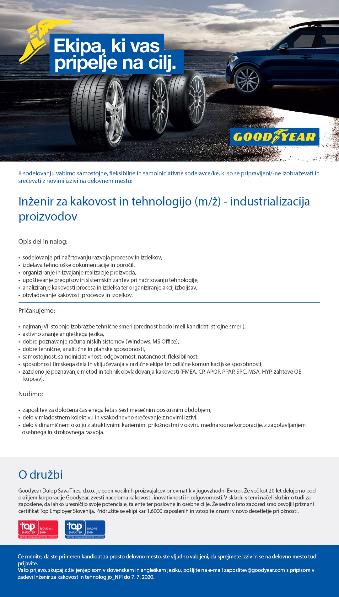 Inženir za kakovost in tehnologijo (m/ž) - industrializacija proizvodov