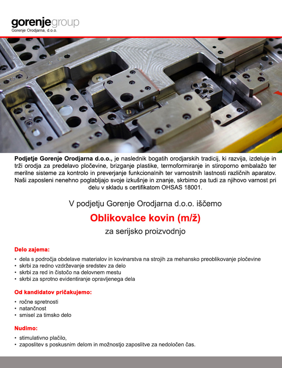 Oblikovalec kovin za serijsko proizvodnjo m/ž
