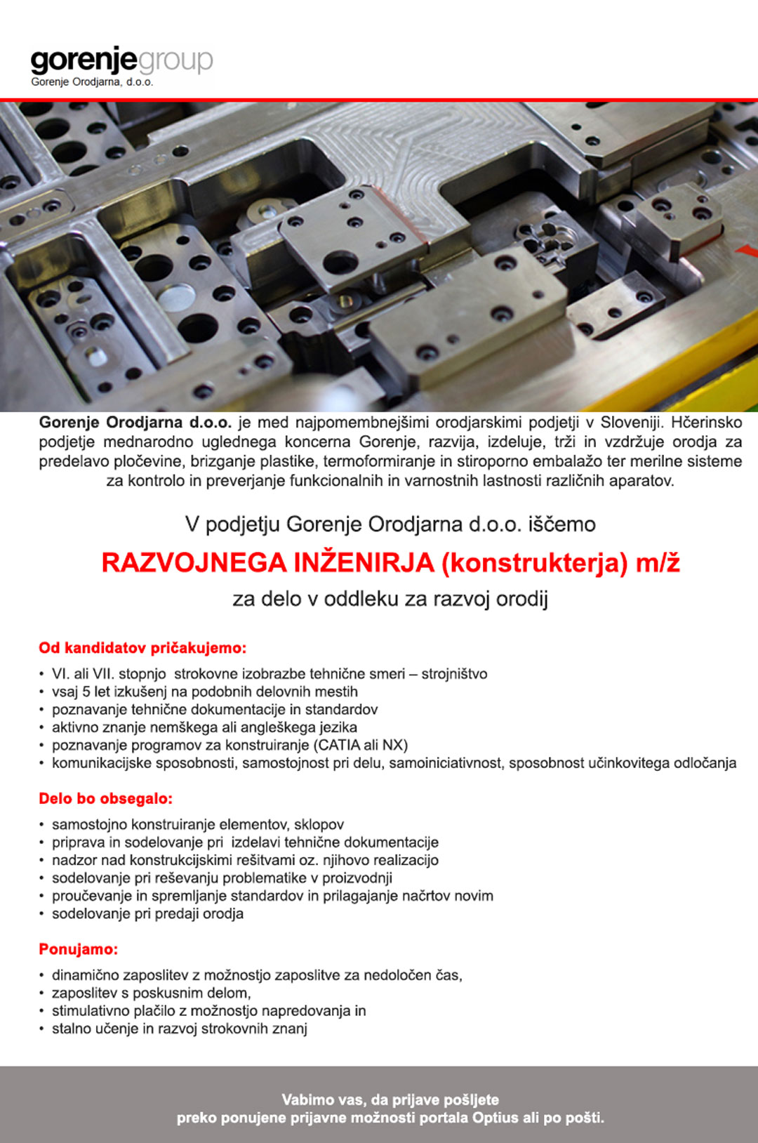 Razvojni inženir (konstrukter) m/ž za delo v oddleku za razvoj orodij