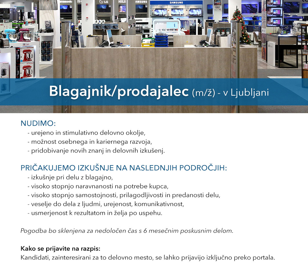 Blagajnik/prodajalec (m/ž) v Ljubljani