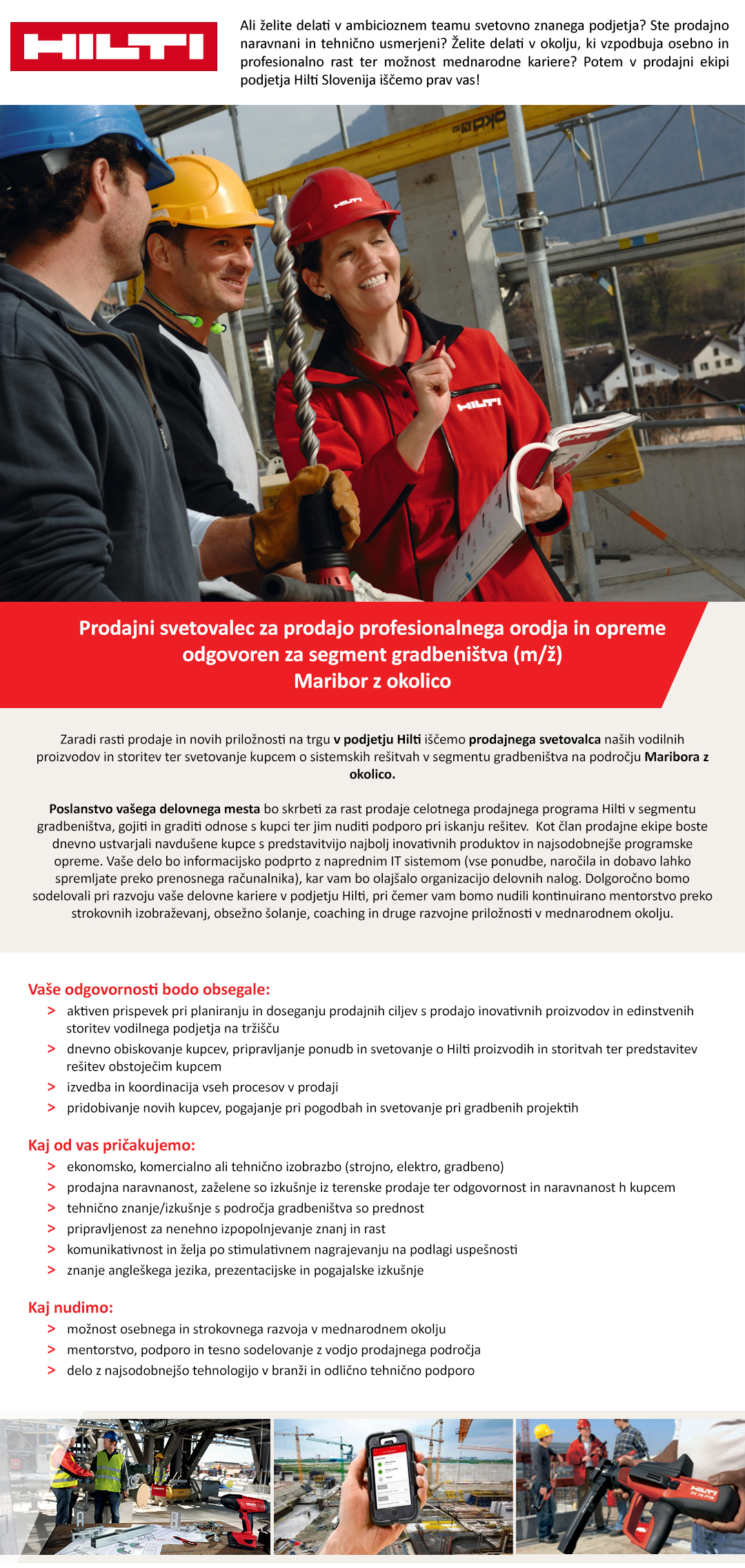 Prodajni svetovalec za prodajo profesionalnega orodja in opreme odgovoren za segment gradbeništva (m/ž) - Maribor z okolico