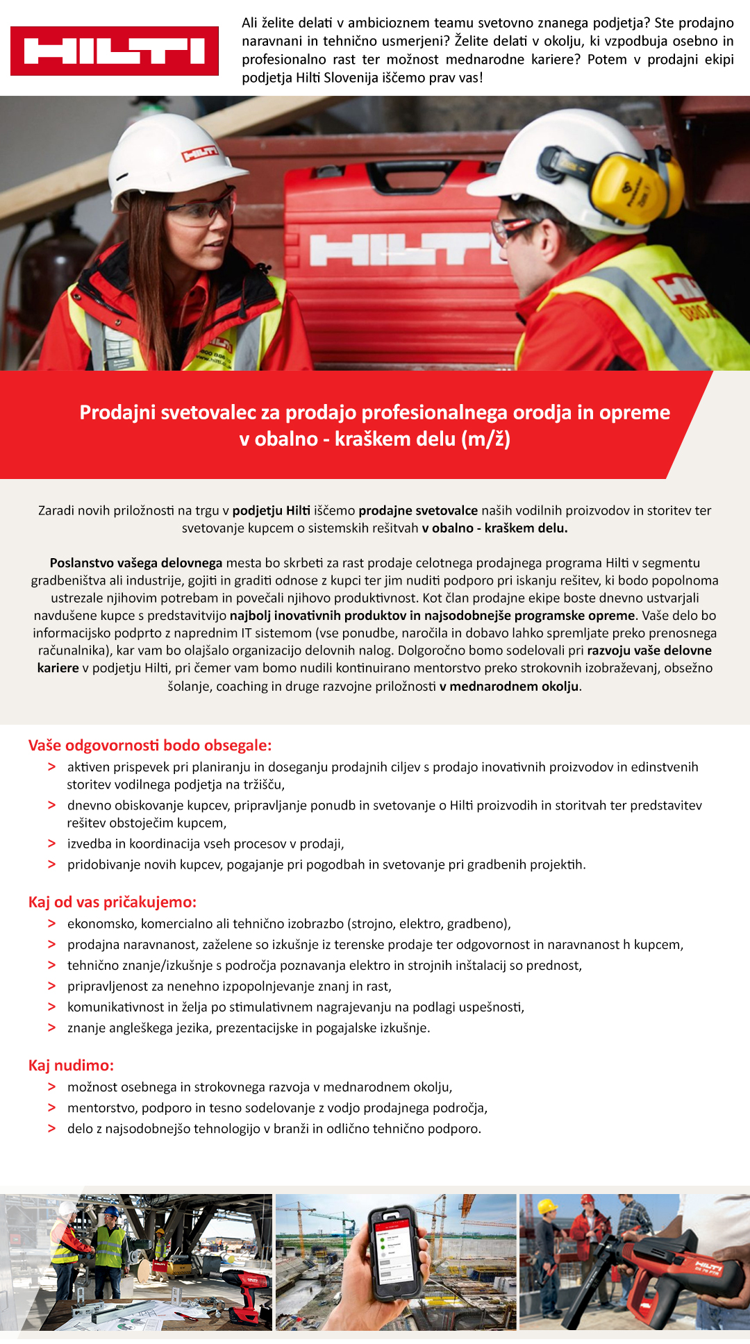 Prodajni svetovalec za prodajo profesionalnega orodja in opreme v obalno - kraškem delu (m/ž)
