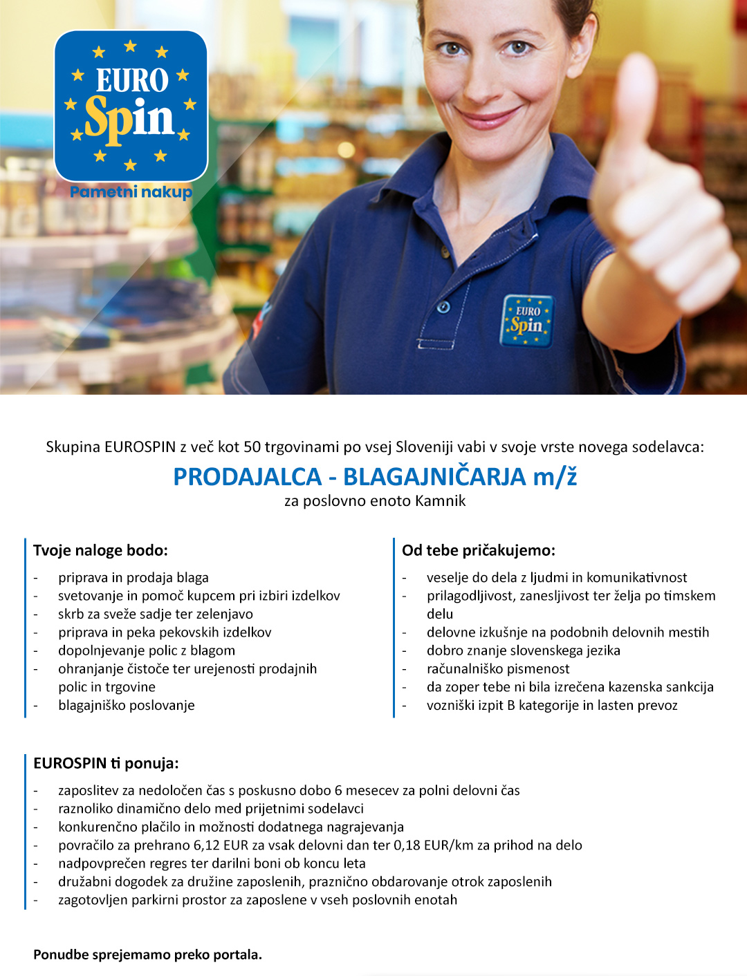 Prodajalec / blagajničar (m/ž) za PE - Kamnik