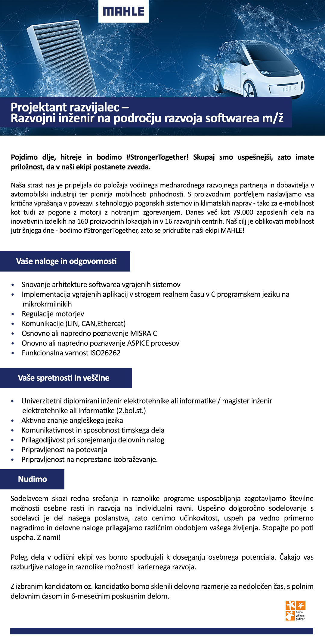 Projektant razvijalec – Razvojni inženir na področju razvoja softwarea m/ž (2 prosti mesti)