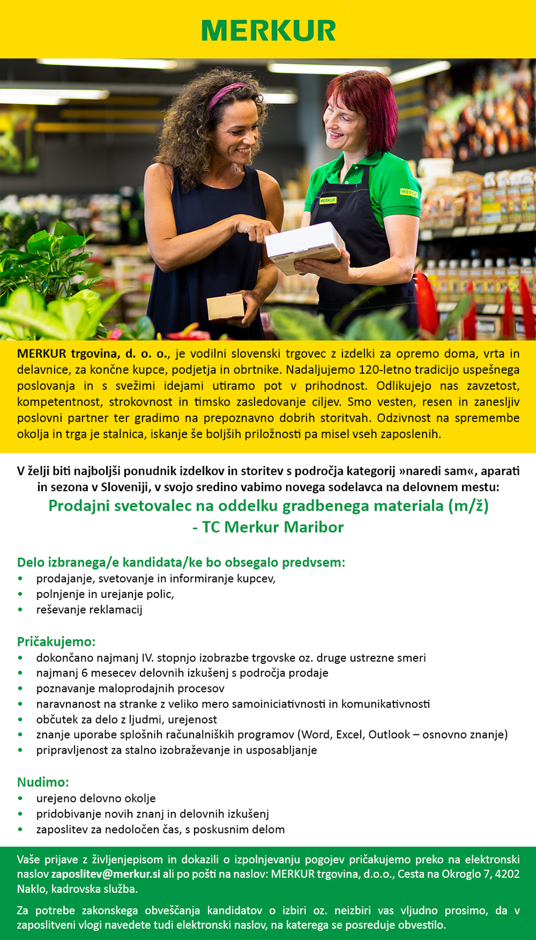 Prodajni svetovalec na oddelku gradbenega materiala (m/ž) - TC Merkur Maribor