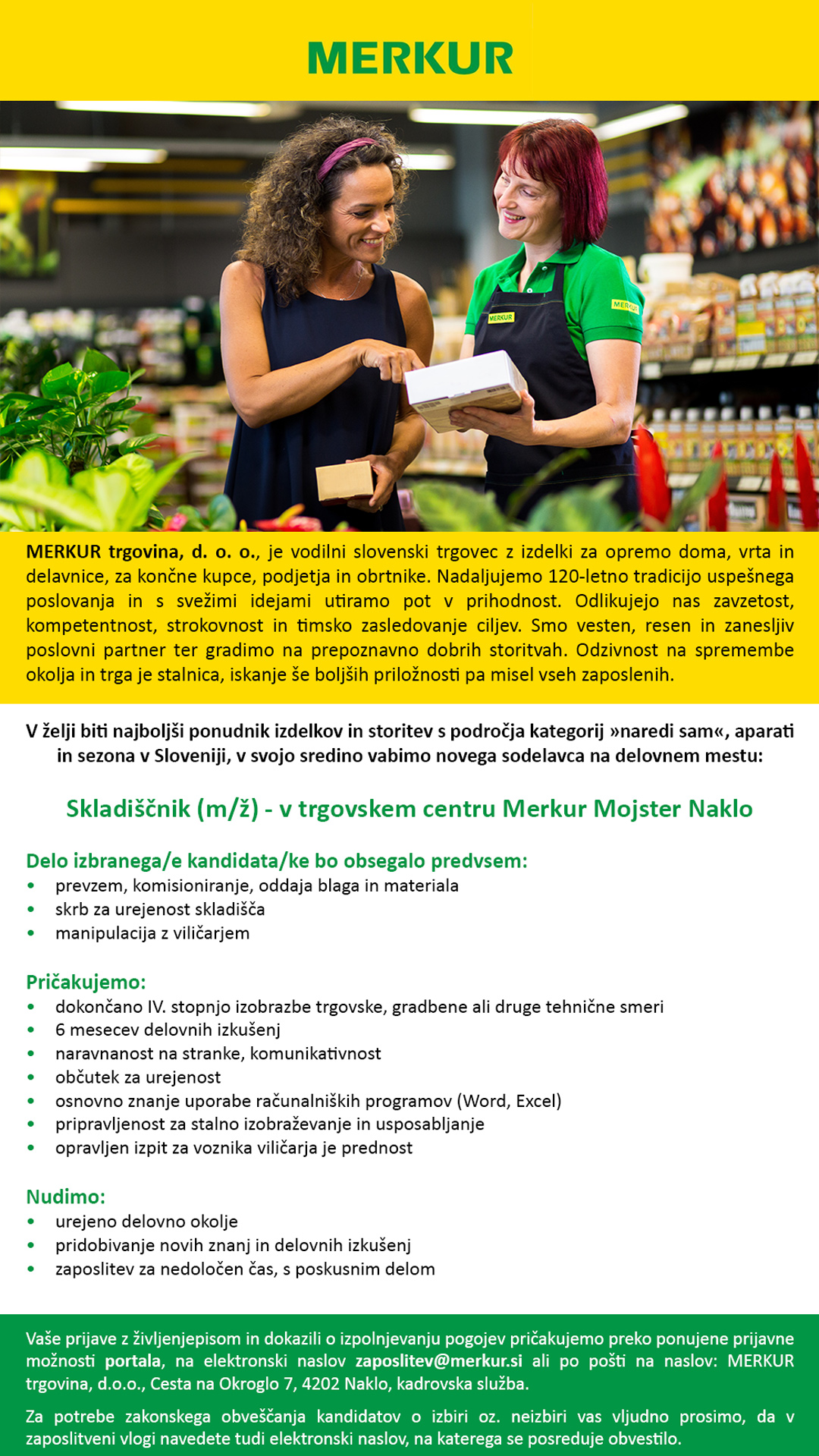 Skladiščnik (m/ž) - TC Merkur Mojster Naklo