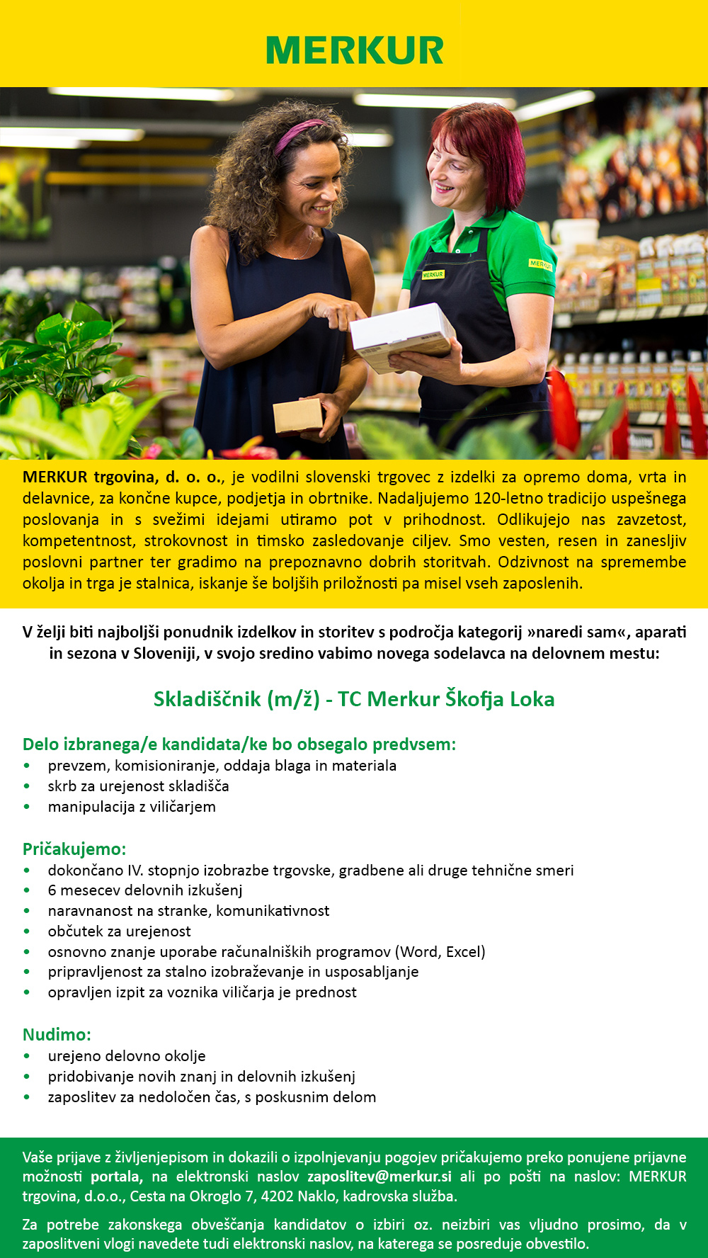Skladiščnik (m/ž) v TC Merkur Škofja Loka