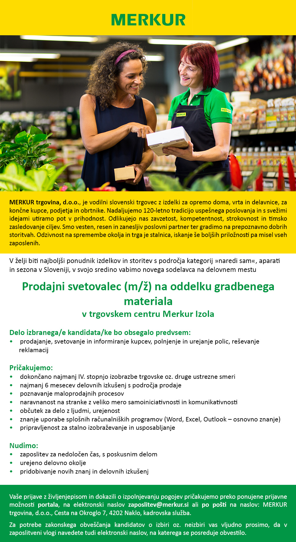 Prodajni svetovalec (m/ž) oddelek gradbenega materiala - TC Merkur Izola