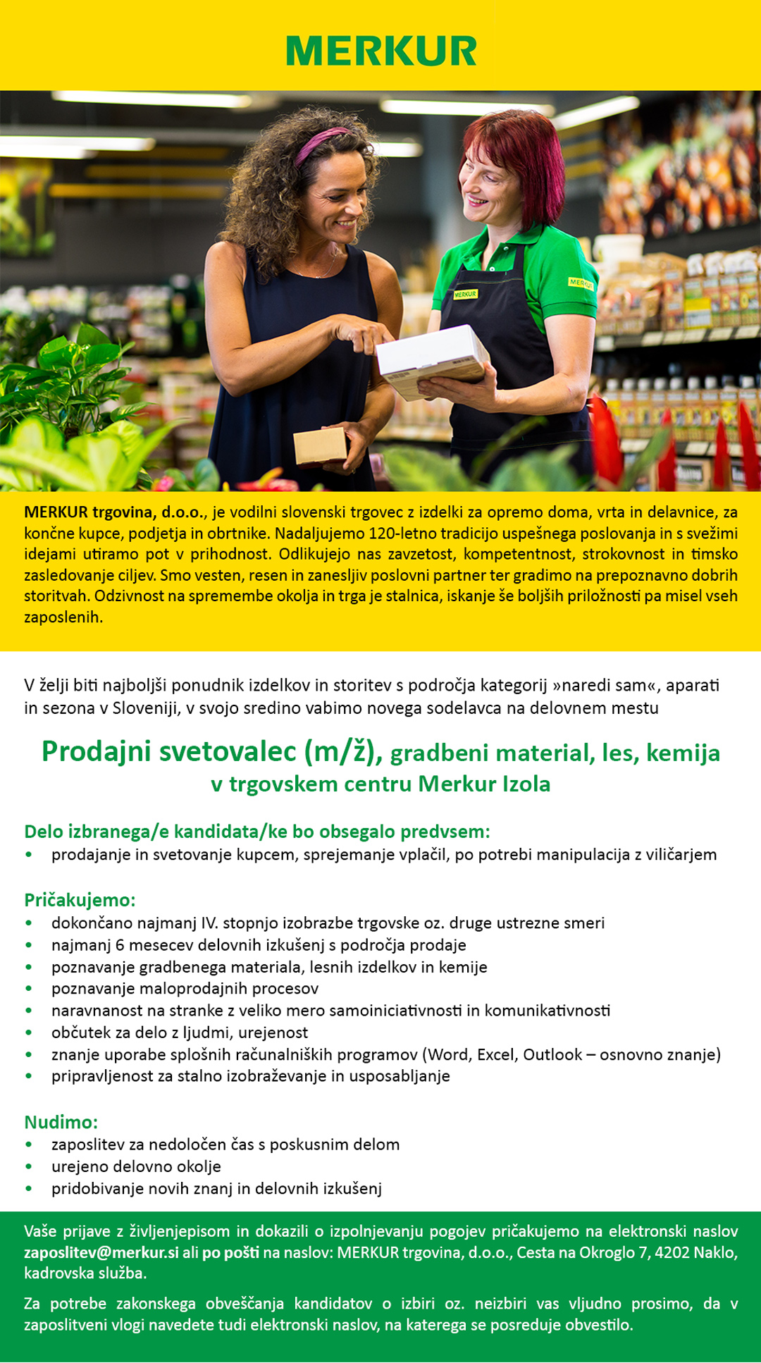 Prodajni svetovalec (m/ž) gradbeni material, les, kemija - TC Merkur Izola