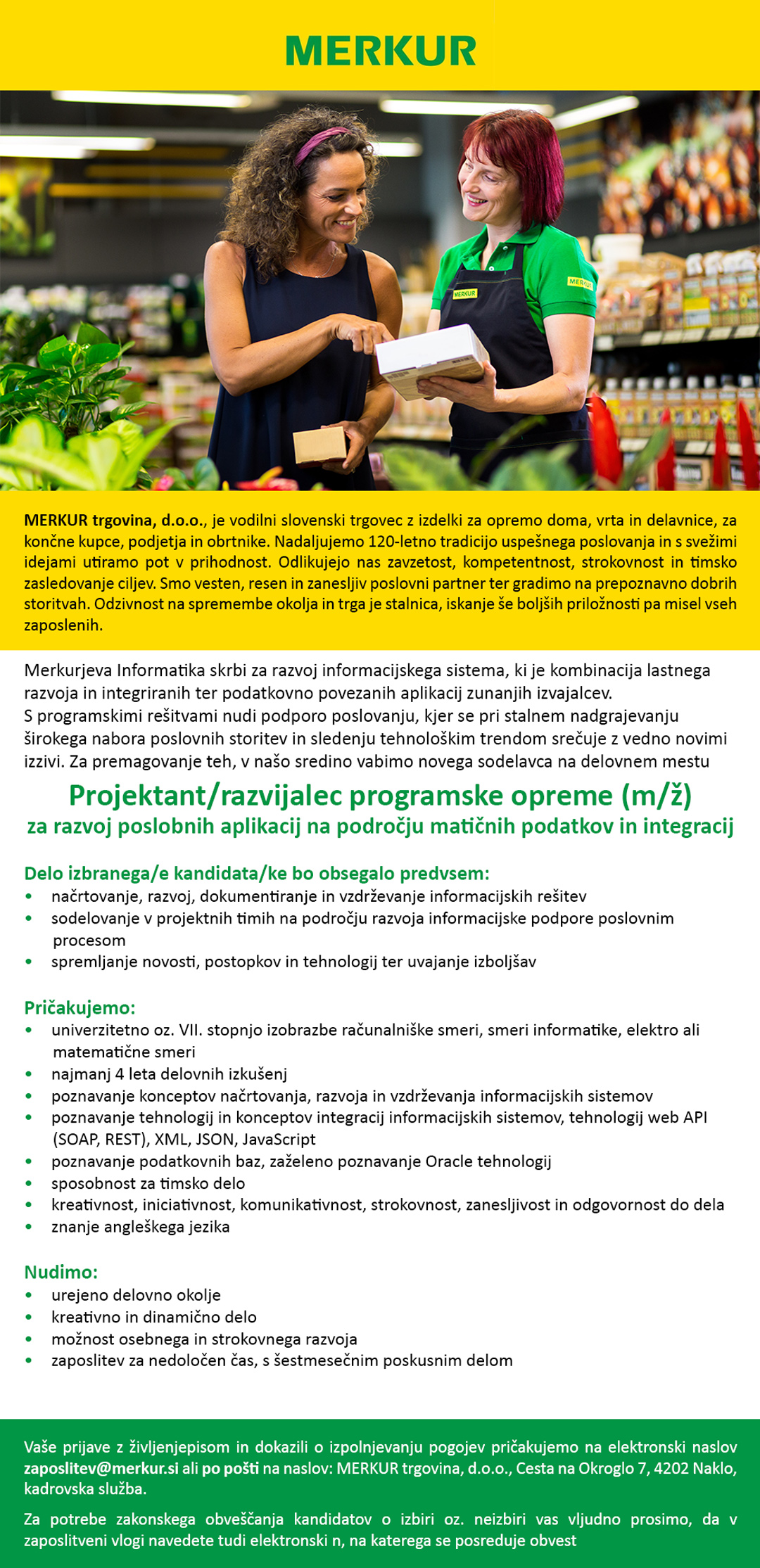 Projektant/razvijalec programske opreme (m/ž) za razvoj poslovnih aplikacij na področju matičnih podatkov in integracij