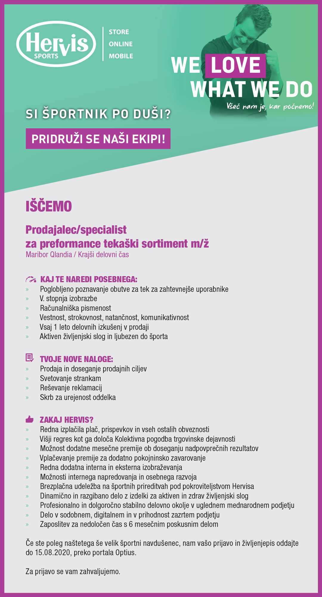 Prodajalec/specialist za preformance tekaški sortiment m/ž - Maribor Qlandia, krajši delovni čas