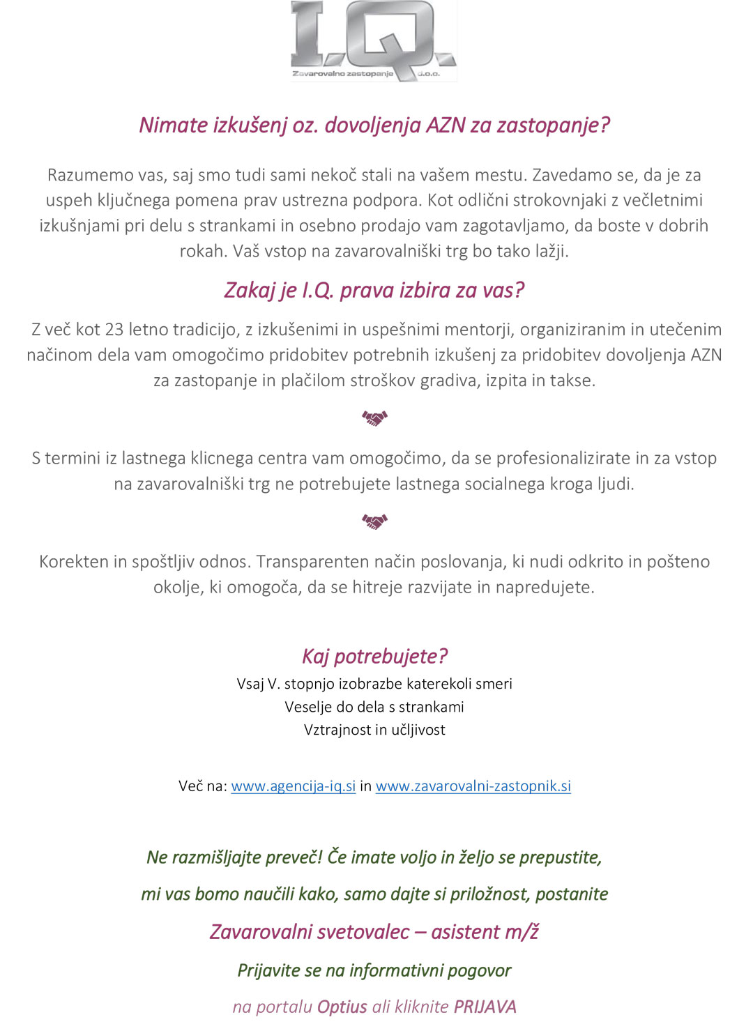 Zavarovalni zastopnik – asistent (m/ž)