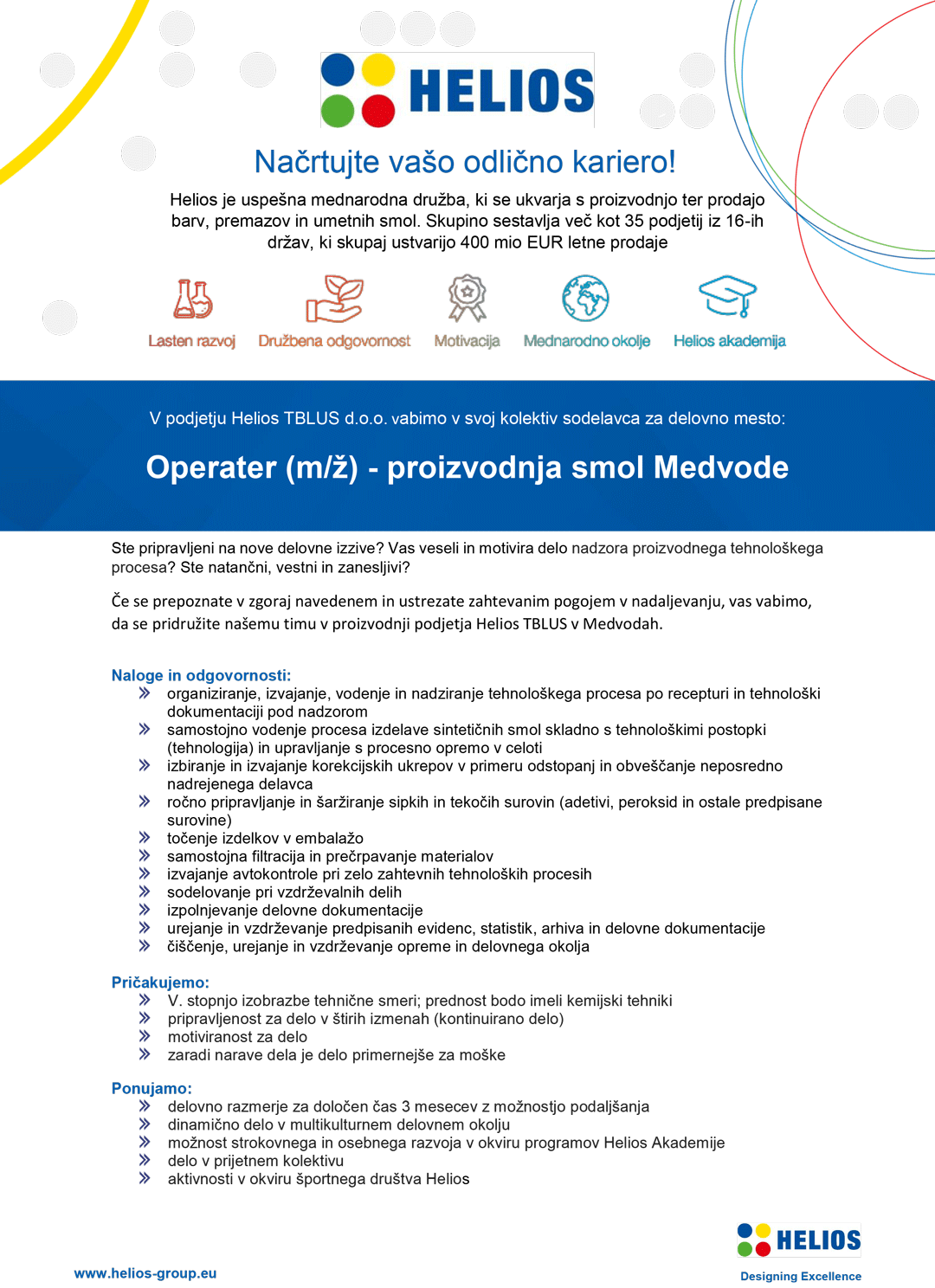 Operater (m/ž) - proizvodnja smol Medvode