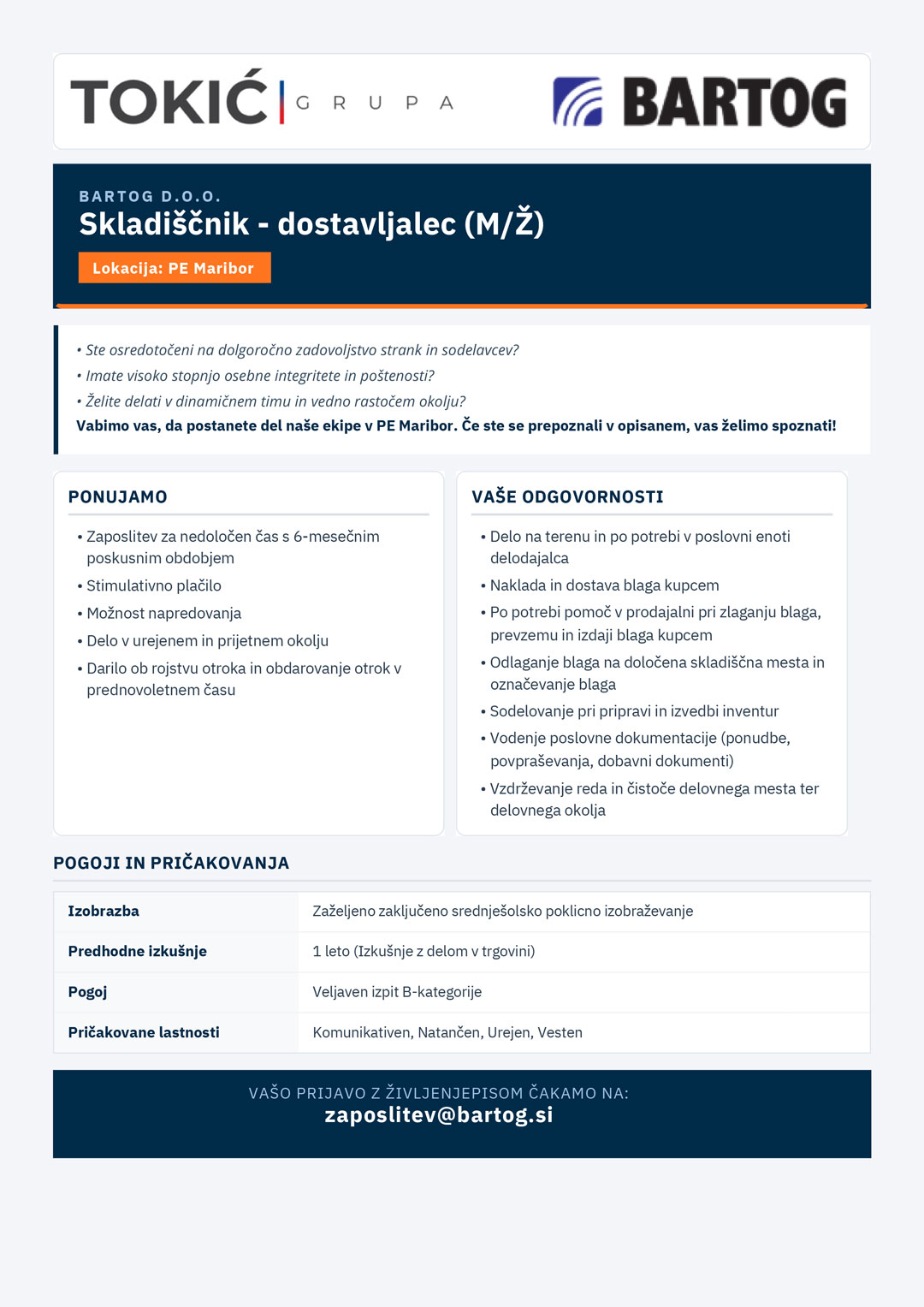 Skladiščnik - Dostavljalec (m/ž) - 4 delovna mesta