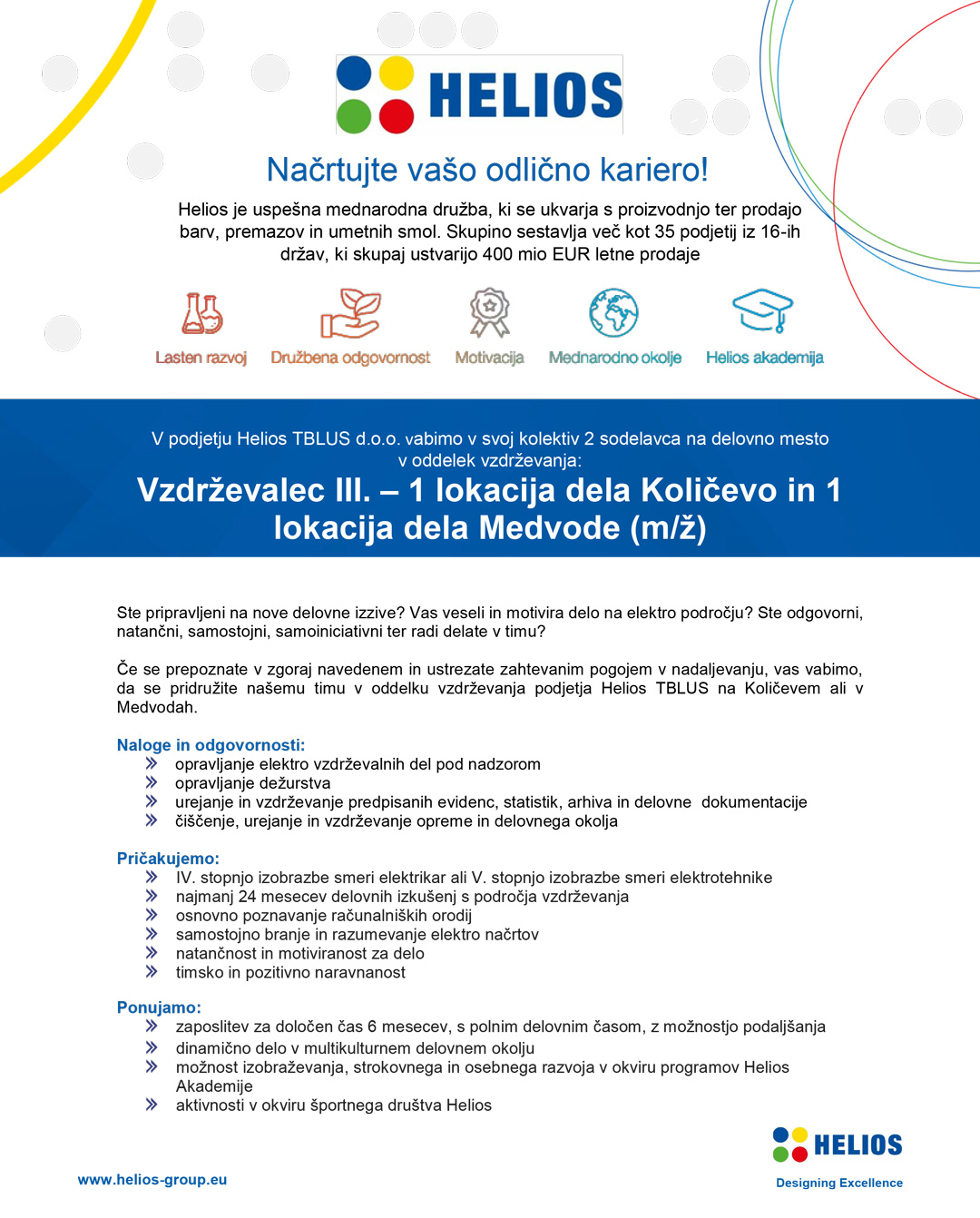 Vzdrževalec III. (m/ž) - Količevo in Medvode (2 prosti delovni mesti)