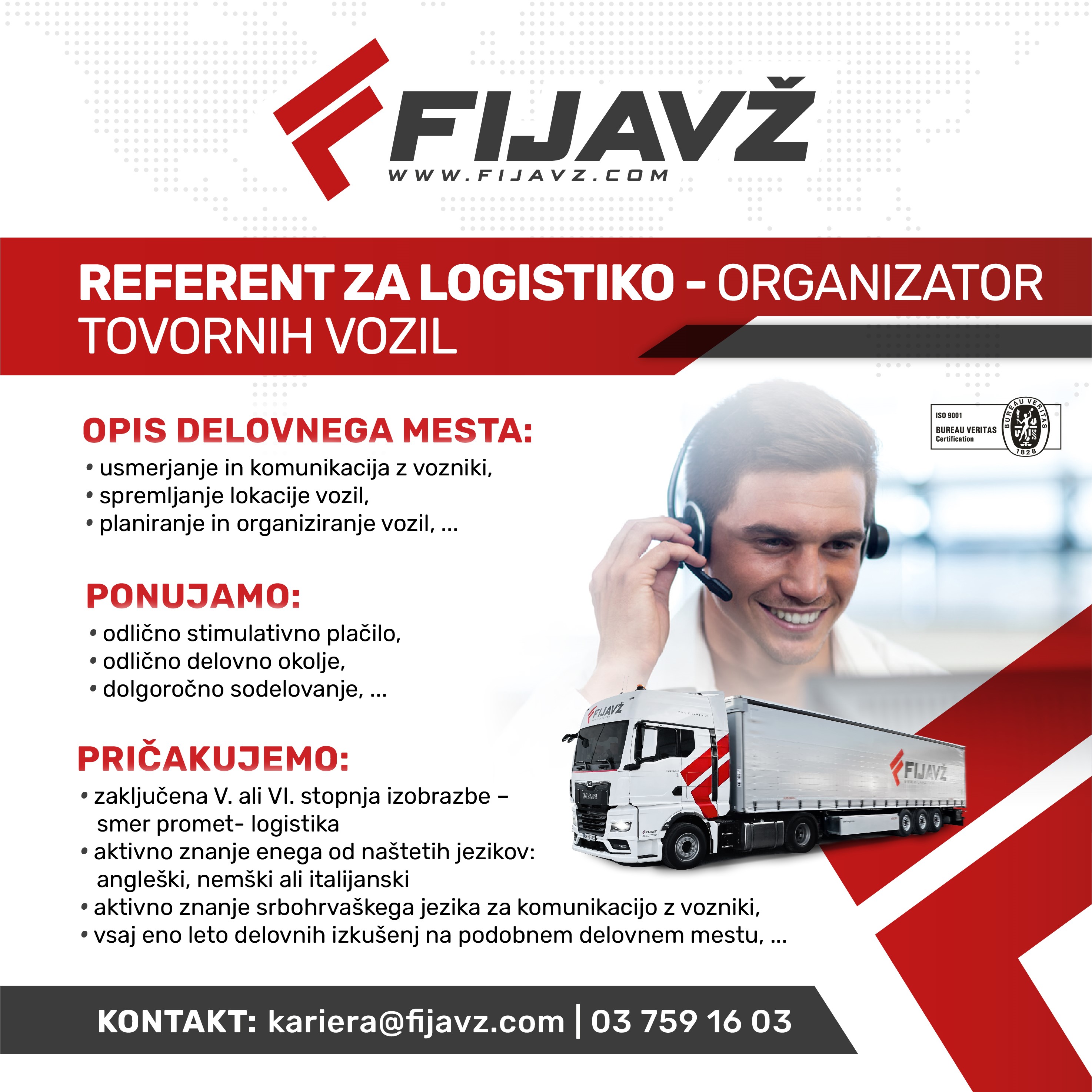 Referent za logistiko - organizator tovornih vozil m/ž