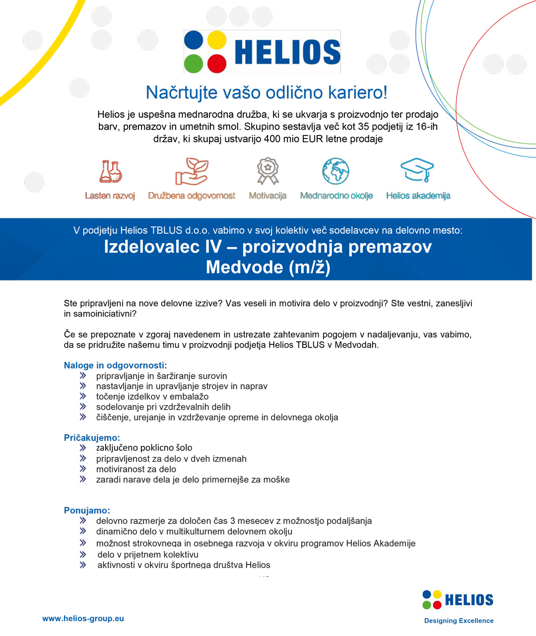Izdelovalec IV. (m/ž) - proizvodnja premazov Medvode, več prostih mest