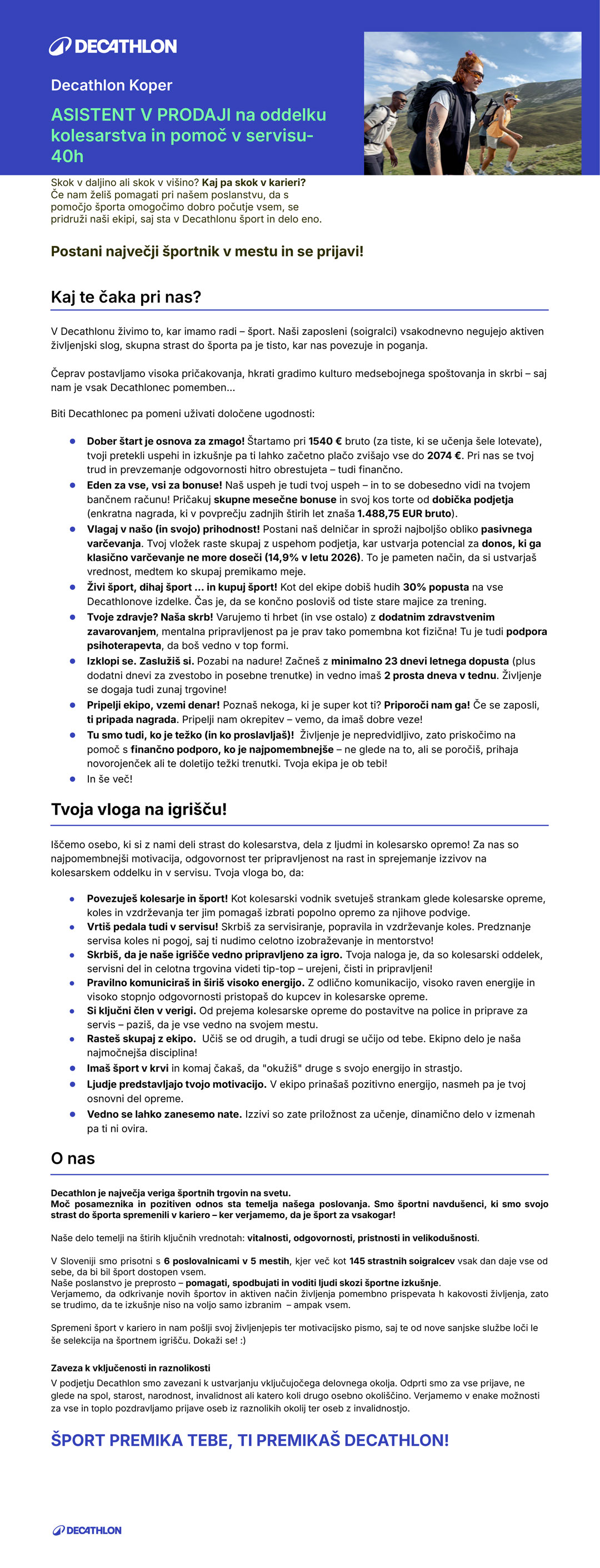Asistent v prodaji na oddelku kolesarstva in pomoč v servisu (m/ž) Koper (40h)