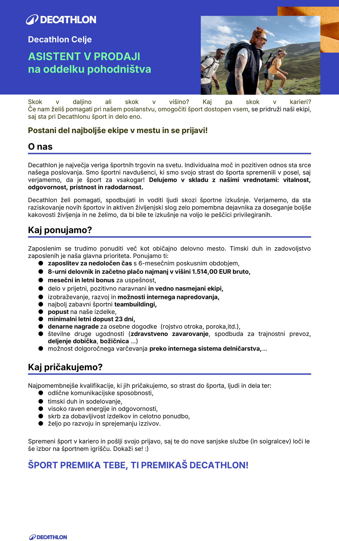 Asistent v prodaji na oddelku Pohodništva (m/ž)