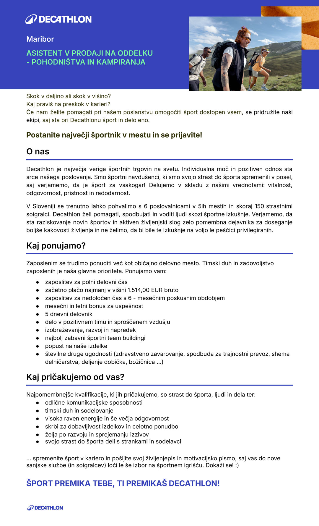 Asistent v prodaji na oddelku Pohodništva in Kampiranja (m/ž)