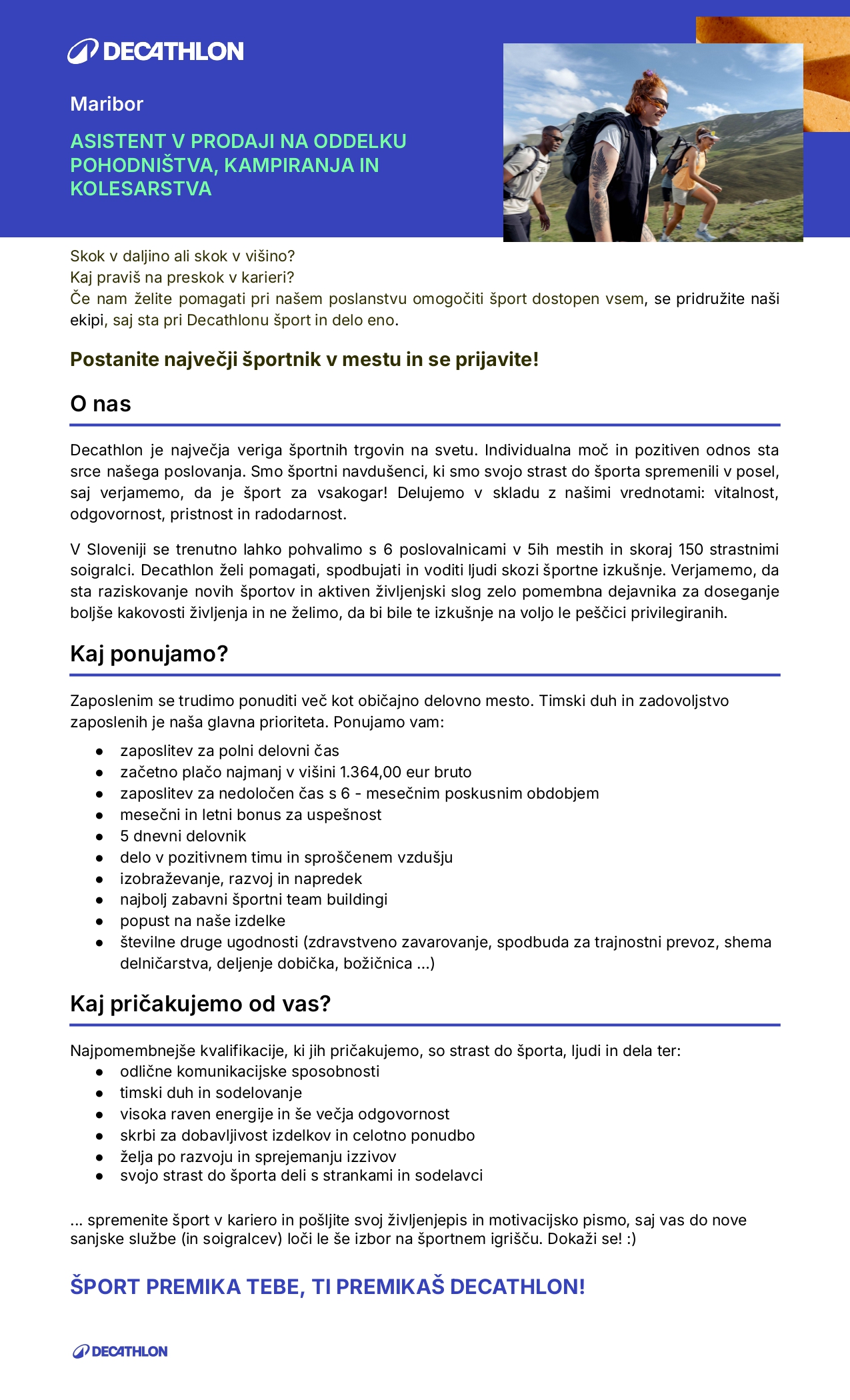 Asistent v prodaji na oddelku pohodništva, kampiranja in kolesarstva - Maribor m/ž