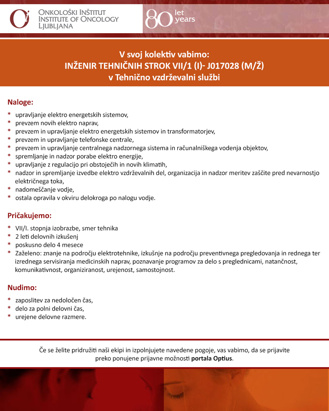 Inženir tehničnih strok VII/1 (I) m/ž - J017028 v Tehnično vzdrževalni službi