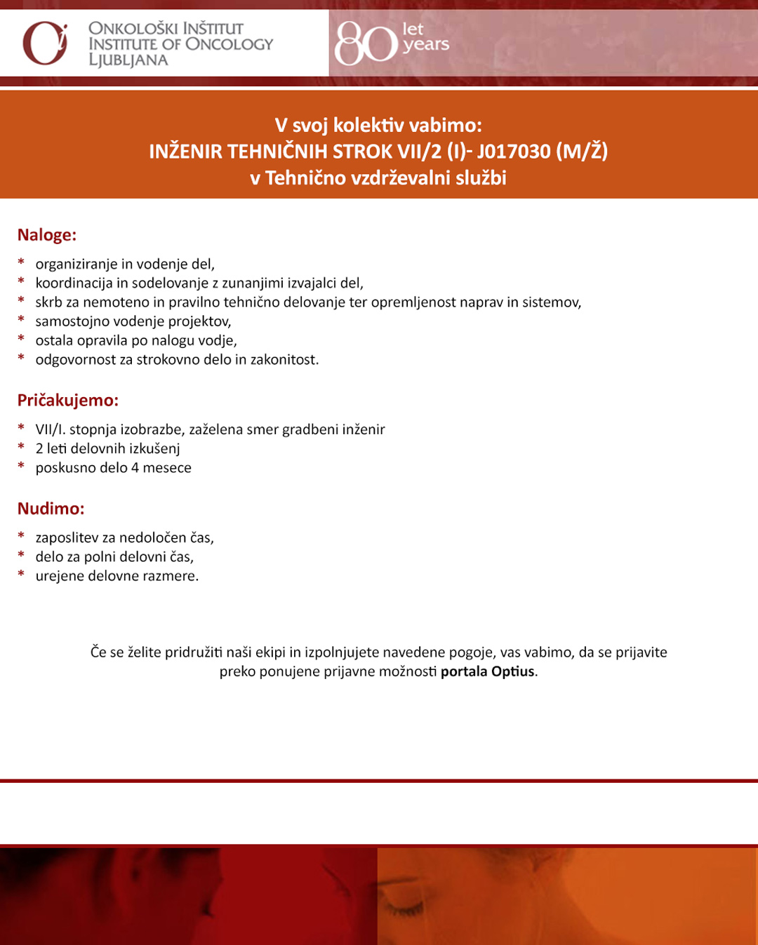 Inženir tehničnih strok VII/2 (I) m/ž - J017030 v Tehnično vzdrževalni službi