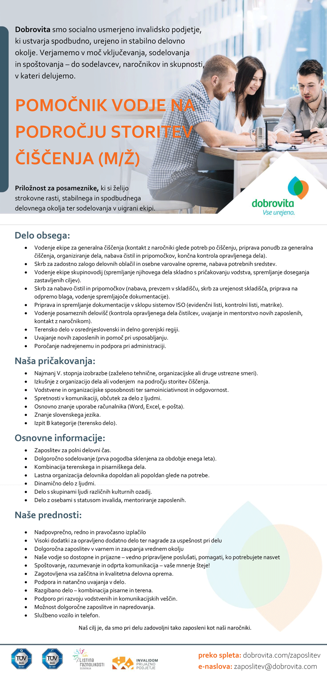 Pomočnik vodje na področju storitev čiščenja (m/ž)