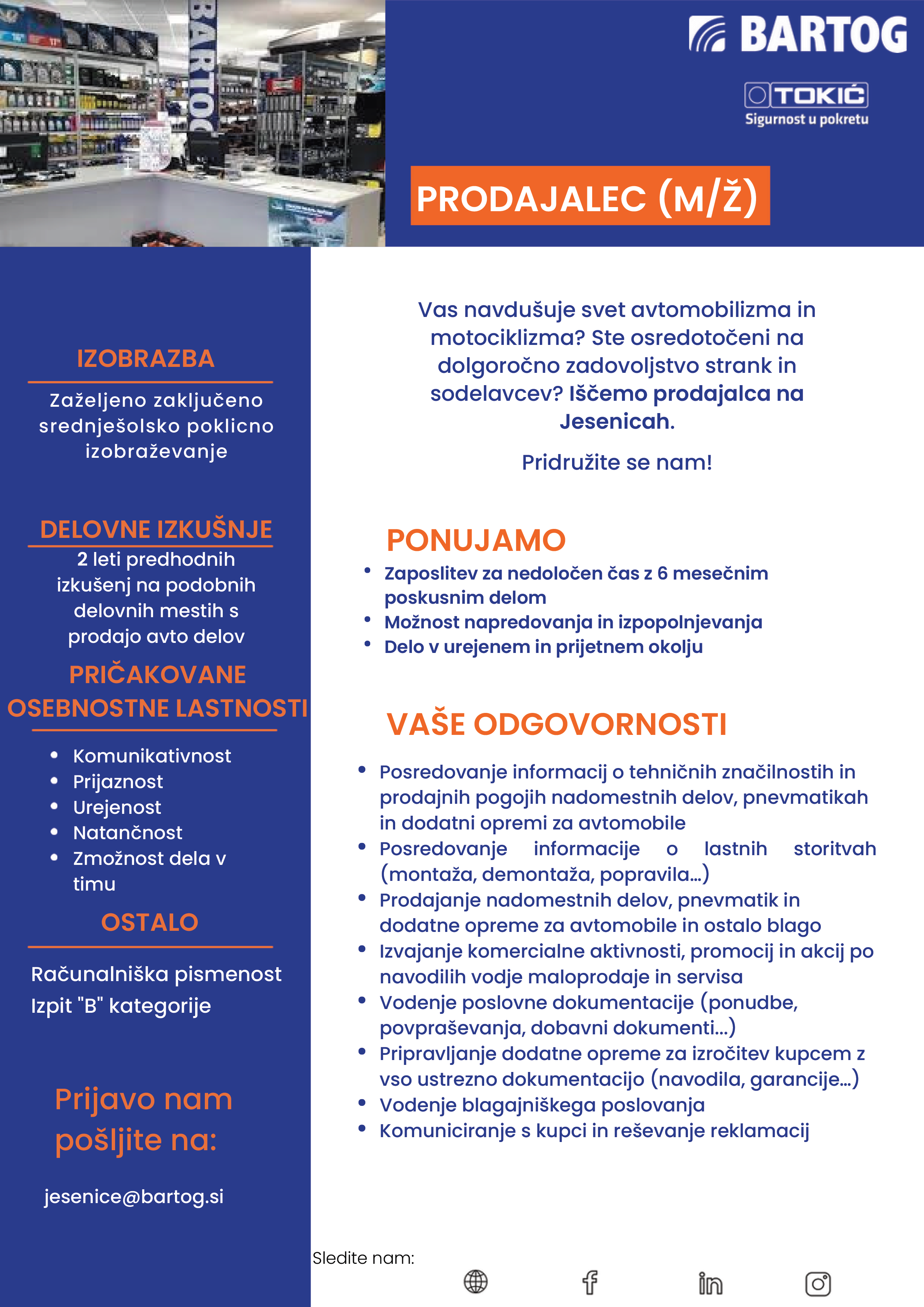 Prodajalec m/ž PE Jesenice