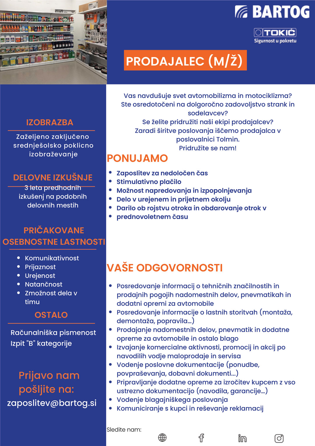 Prodajalec m/ž Tolmin