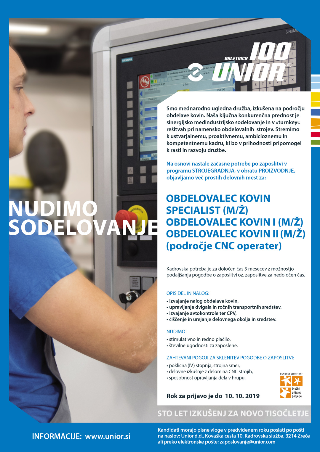 Obdelovalec kovin (m/ž) - področje CNC operater, več prostih delovnih mest