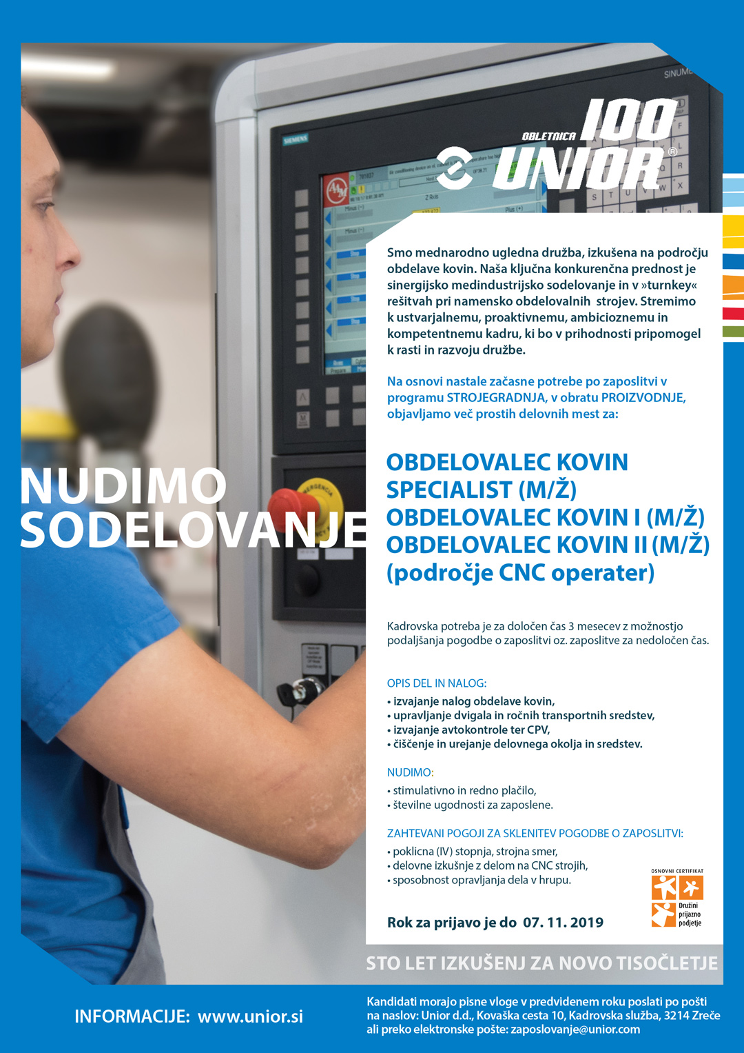 Obdelovalec kovin (m/ž) - področje CNC operater, več prostih delovnih mest