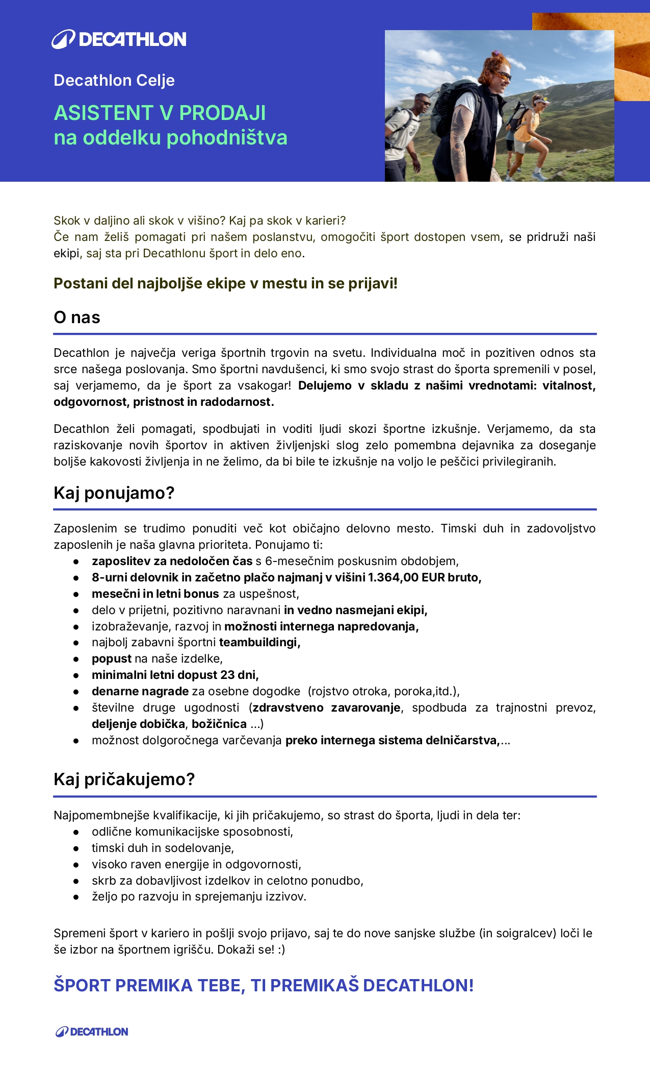 Asistent v prodaji na oddelku pohodništva - Celje m/ž