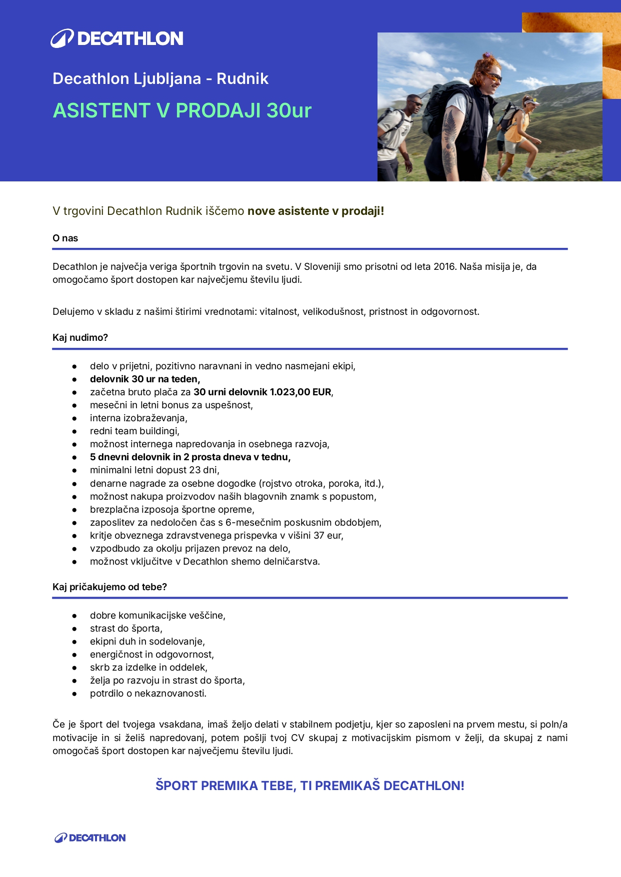 Asistent v prodaji (30 ur na teden) - Decathlon Rudnik m/ž