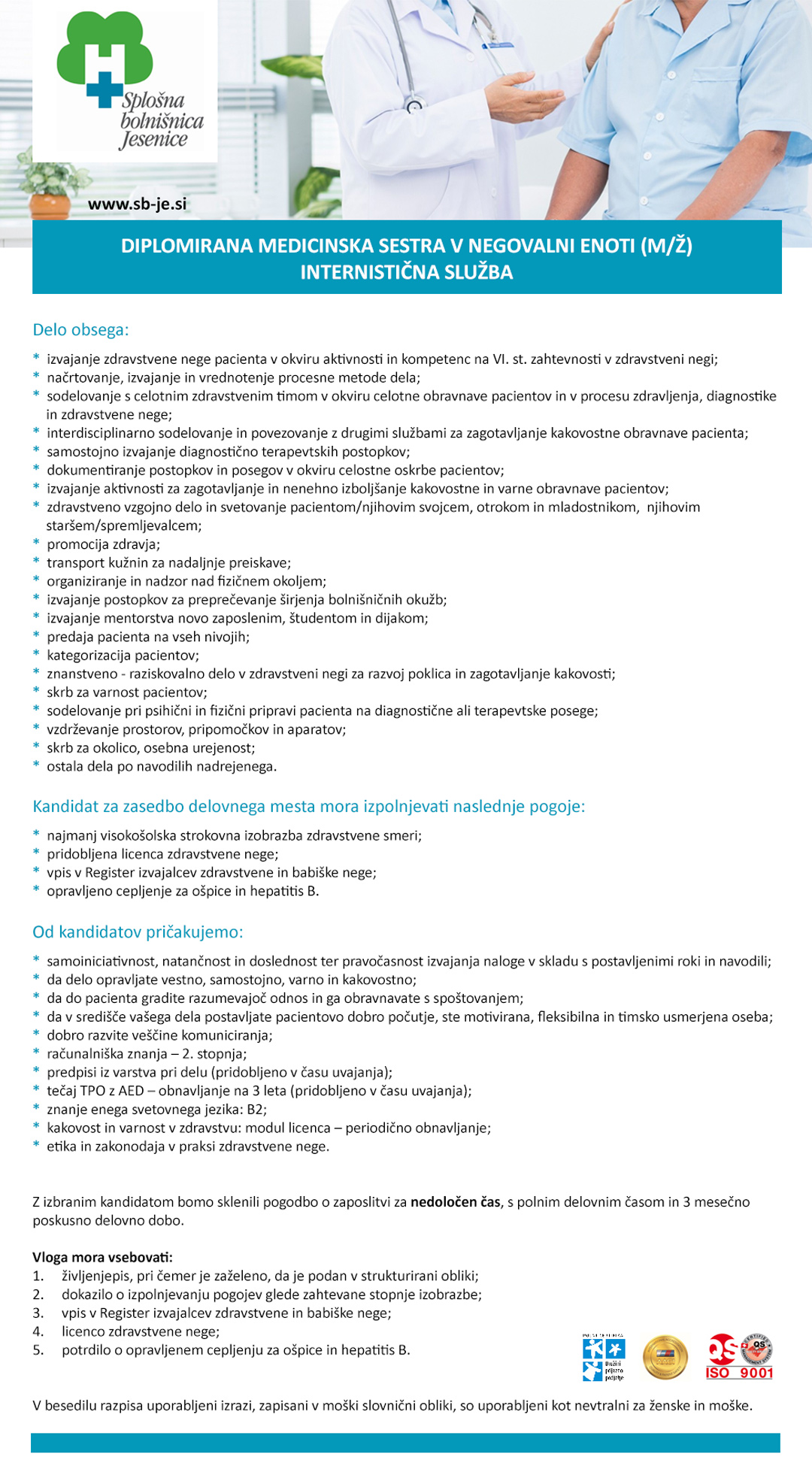 Diplomirana medicinska sestra v negovalni enoti (m/ž) - internistična služba