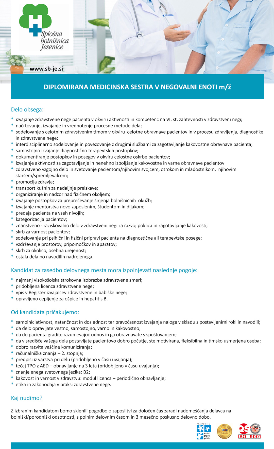 Diplomirana medicinska sestra v negovalni enoti (m/ž)