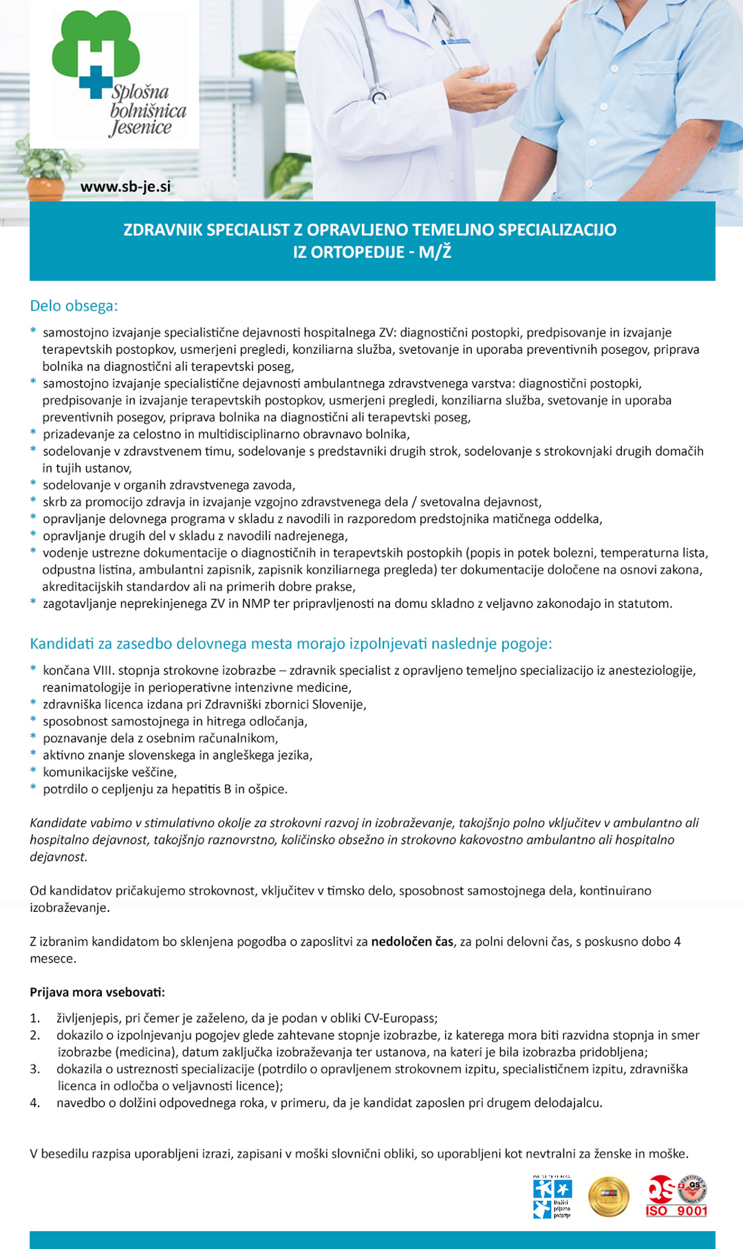 Zdravnik specialist z opravljeno temeljno specializacijo iz ortopedije - m/ž