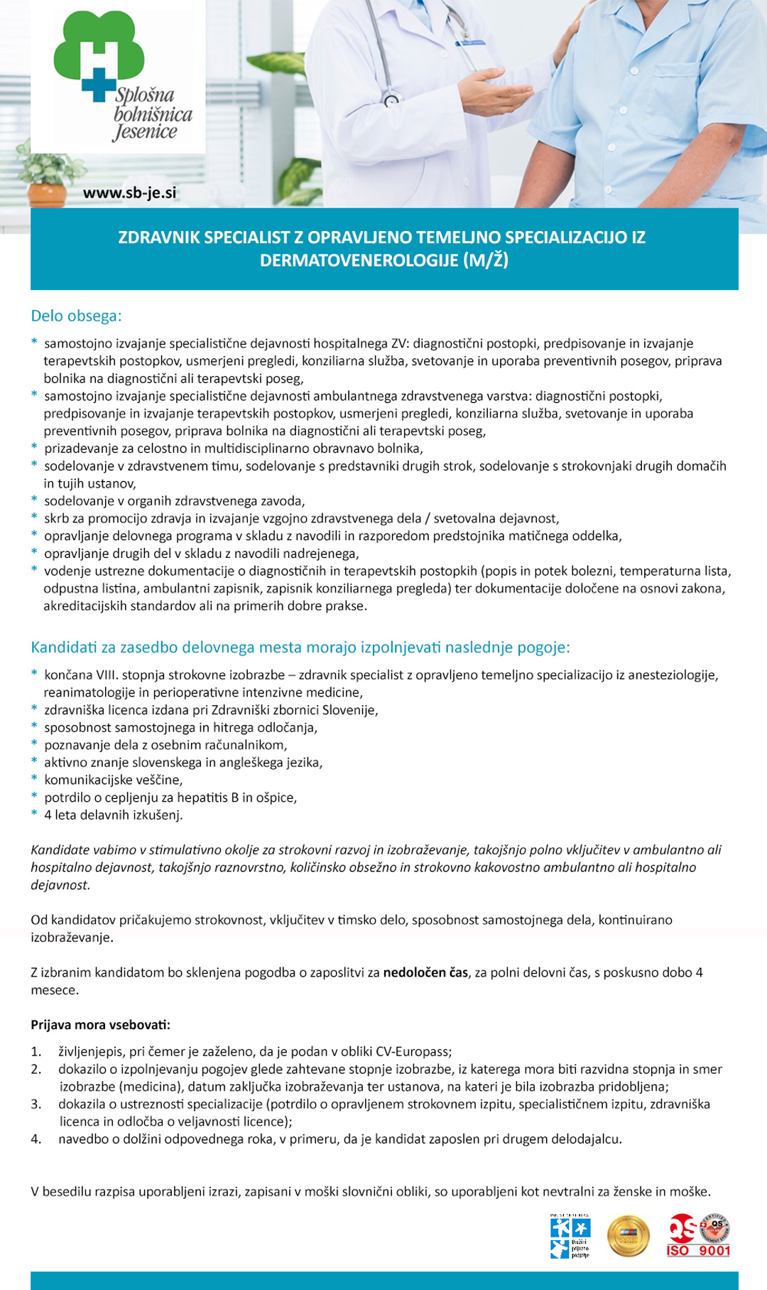 Zdravnik specialist z opravljeno temeljno specializacijo iz dermatovenerologije - m/ž