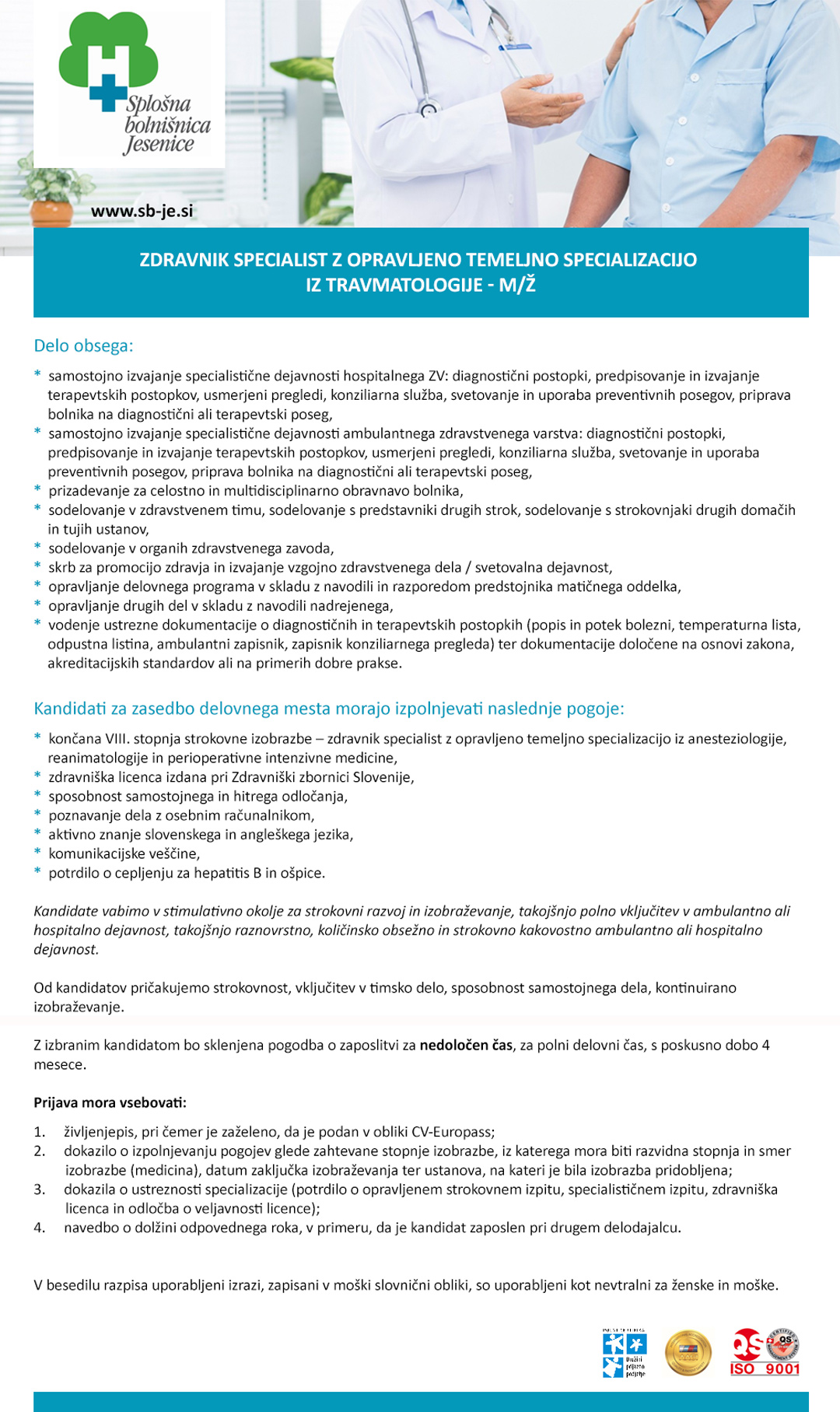Zdravnik specialist z opravljeno temeljno specializacijo iz travmatologije - m/ž