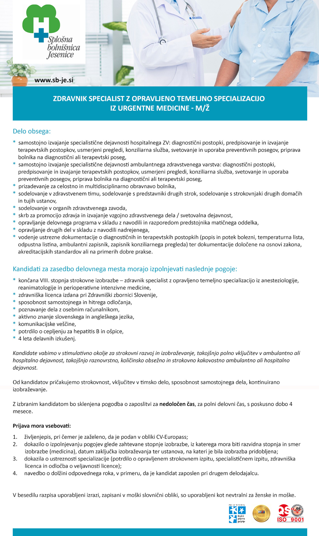 Zdravnik specialist z opravljeno temeljno specializacijo iz urgentne medicine - m/ž