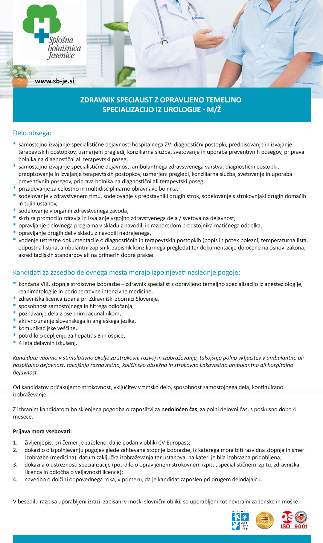 Zdravnik specialist z opravljeno temeljno specializacijo iz urologije - m/ž