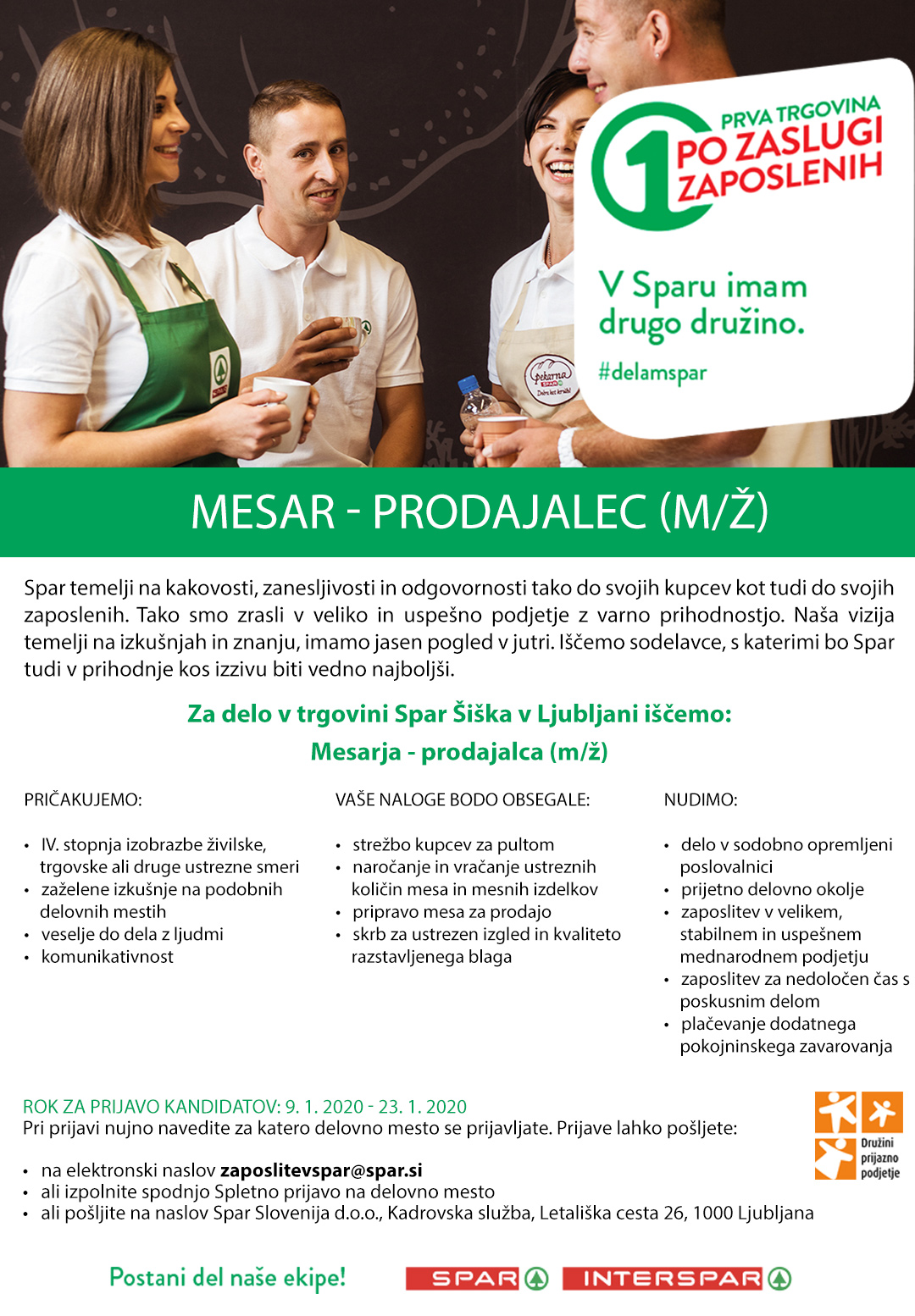 Mesar - prodajalec (m/ž) - Spar Šiška v Ljubljani